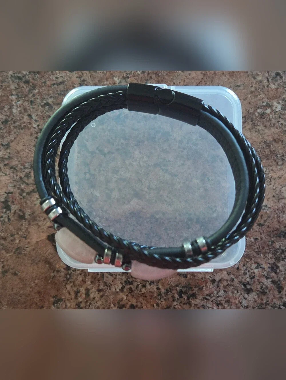 Black Braided Leather Bracelet w/ Hematite and Rose Quartz Stones